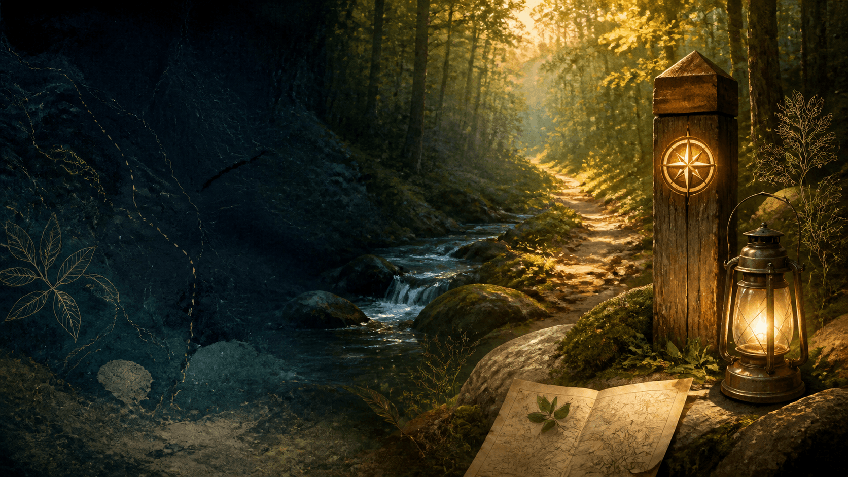 A woodland learning trail with a creek, compass marker, map, and lantern